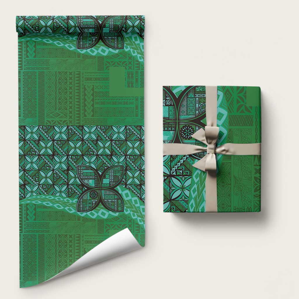 Samoan Pacific Tribal Flower Geometric Art Tattoos Wrapping Paper Siapo Pattern Emerald Glow LT03 58" × 23" Green - Polynesian Pride