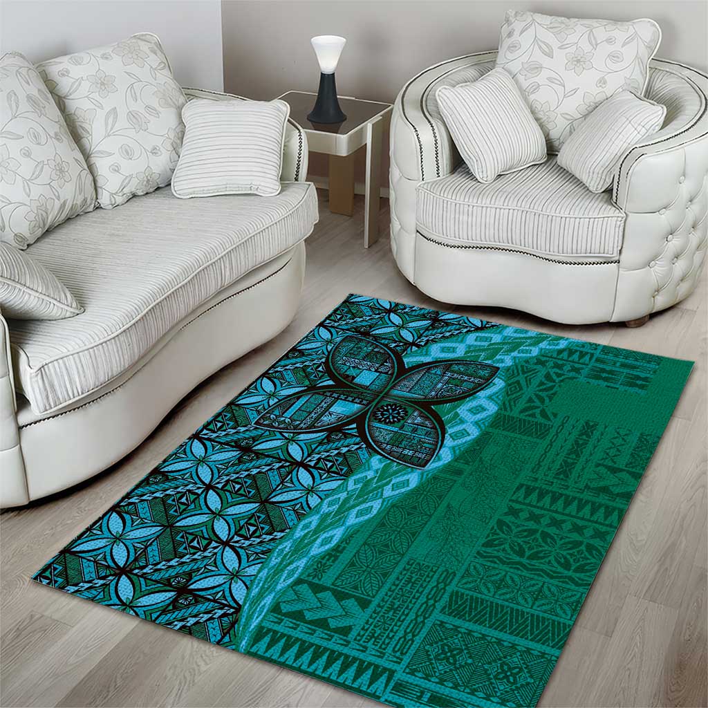 Samoan Pacific Tribal Flower Geometric Art Tattoos Area Rug Siapo Pattern Turquoise Tide LT03 - Polynesian Pride