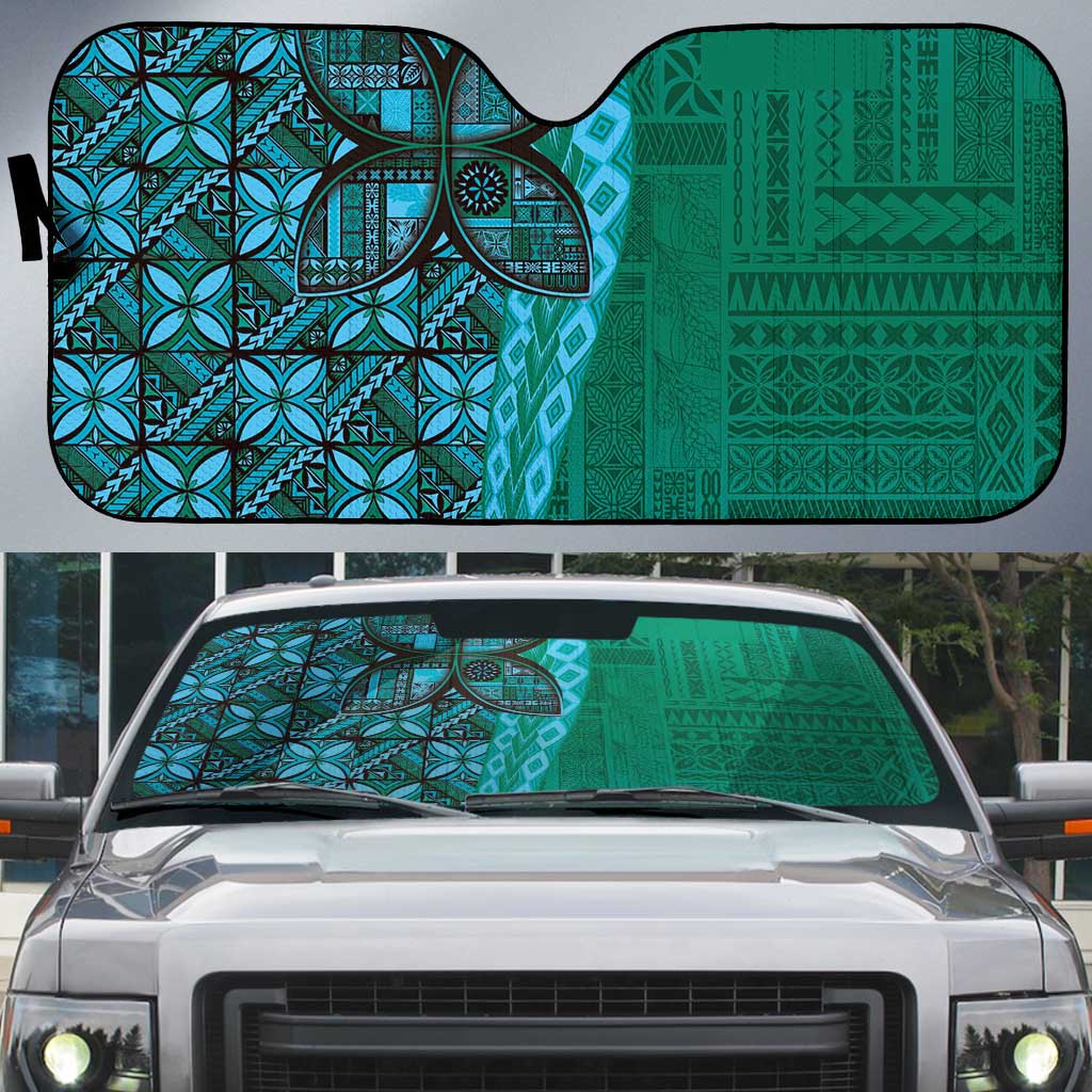 Samoan Pacific Tribal Flower Geometric Art Tattoos Auto Sun Shade Siapo Pattern Turquoise Tide LT03 Turquoise - Polynesian Pride
