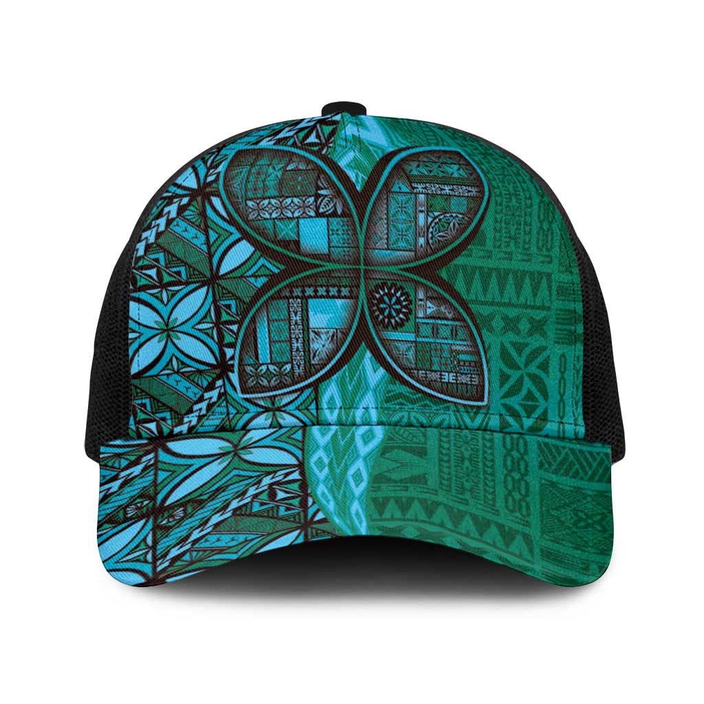 Samoan Pacific Tribal Flower Geometric Art Tattoos Baseball Net Cap Siapo Pattern Turquoise Tide LT03 One Size Black Turquoise - Polynesian Pride
