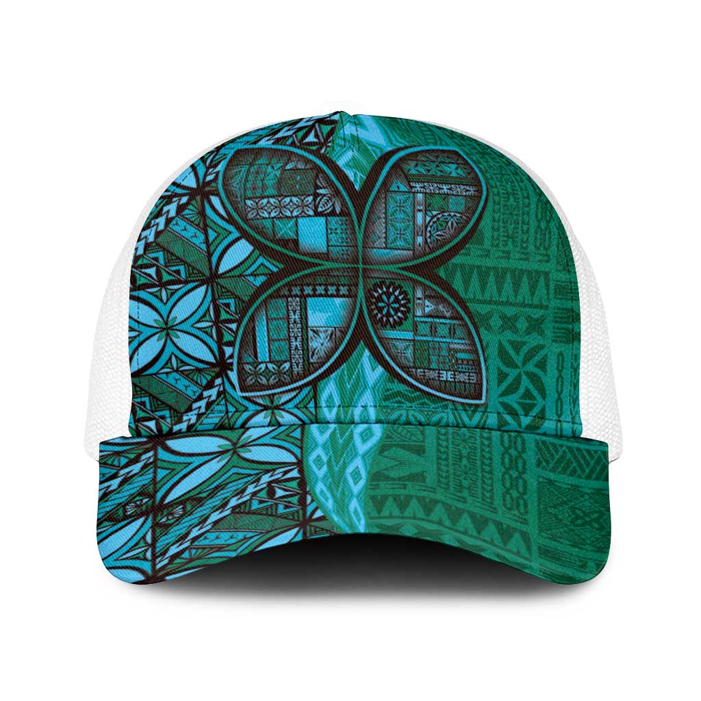 Samoan Pacific Tribal Flower Geometric Art Tattoos Baseball Net Cap Siapo Pattern Turquoise Tide LT03 One Size White Turquoise - Polynesian Pride