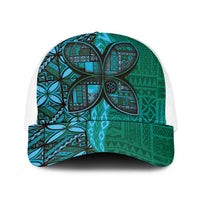 Samoan Pacific Tribal Flower Geometric Art Tattoos Baseball Net Cap Siapo Pattern Turquoise Tide LT03 One Size White Turquoise - Polynesian Pride