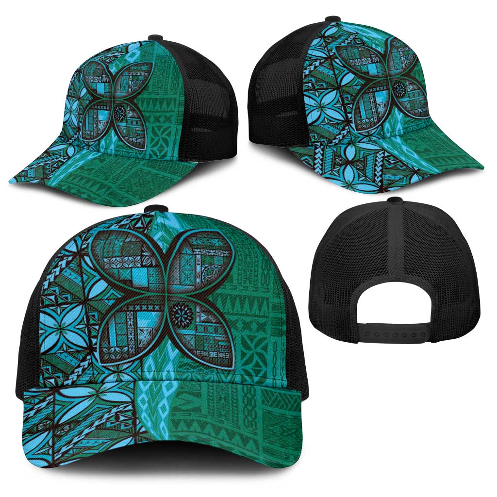 Samoan Pacific Tribal Flower Geometric Art Tattoos Baseball Net Cap Siapo Pattern Turquoise Tide LT03 - Polynesian Pride
