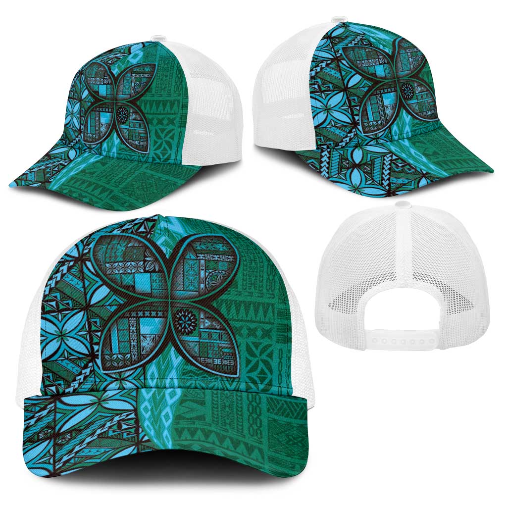 Samoan Pacific Tribal Flower Geometric Art Tattoos Baseball Net Cap Siapo Pattern Turquoise Tide LT03 - Polynesian Pride