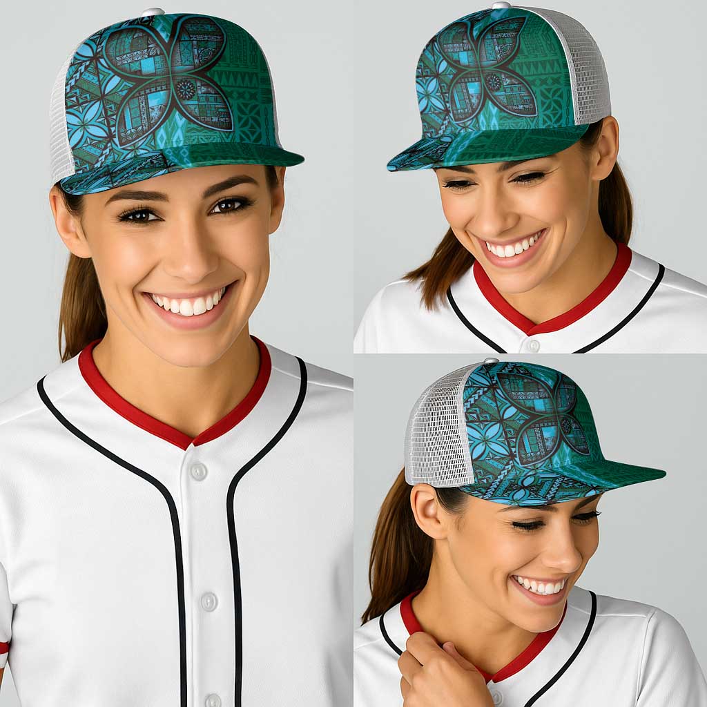 Samoan Pacific Tribal Flower Geometric Art Tattoos Baseball Net Cap Siapo Pattern Turquoise Tide LT03 - Polynesian Pride