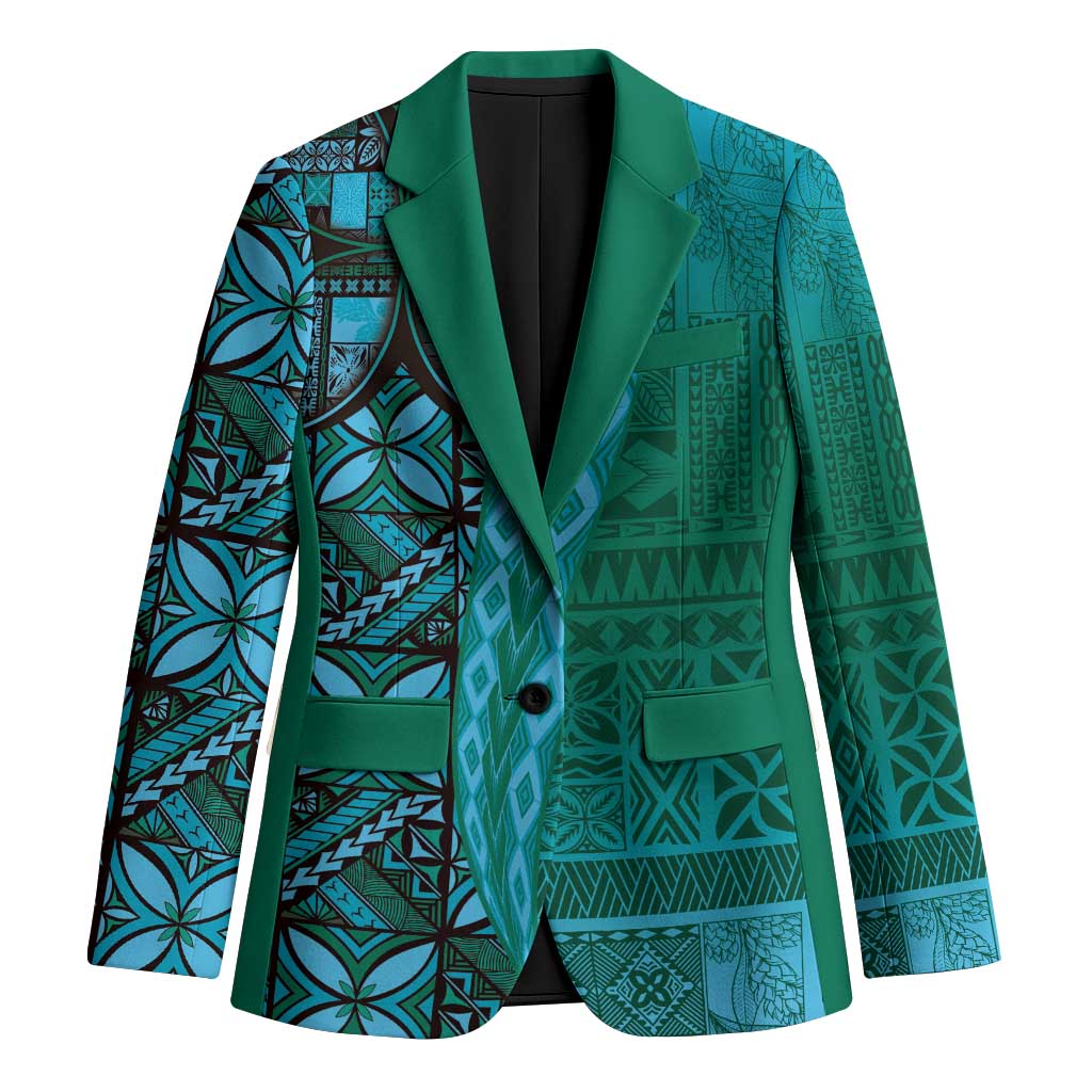 Samoan Pacific Tribal Flower Geometric Art Tattoos Blazer Siapo Pattern Turquoise Tide LT03 Unisex Turquoise - Polynesian Pride