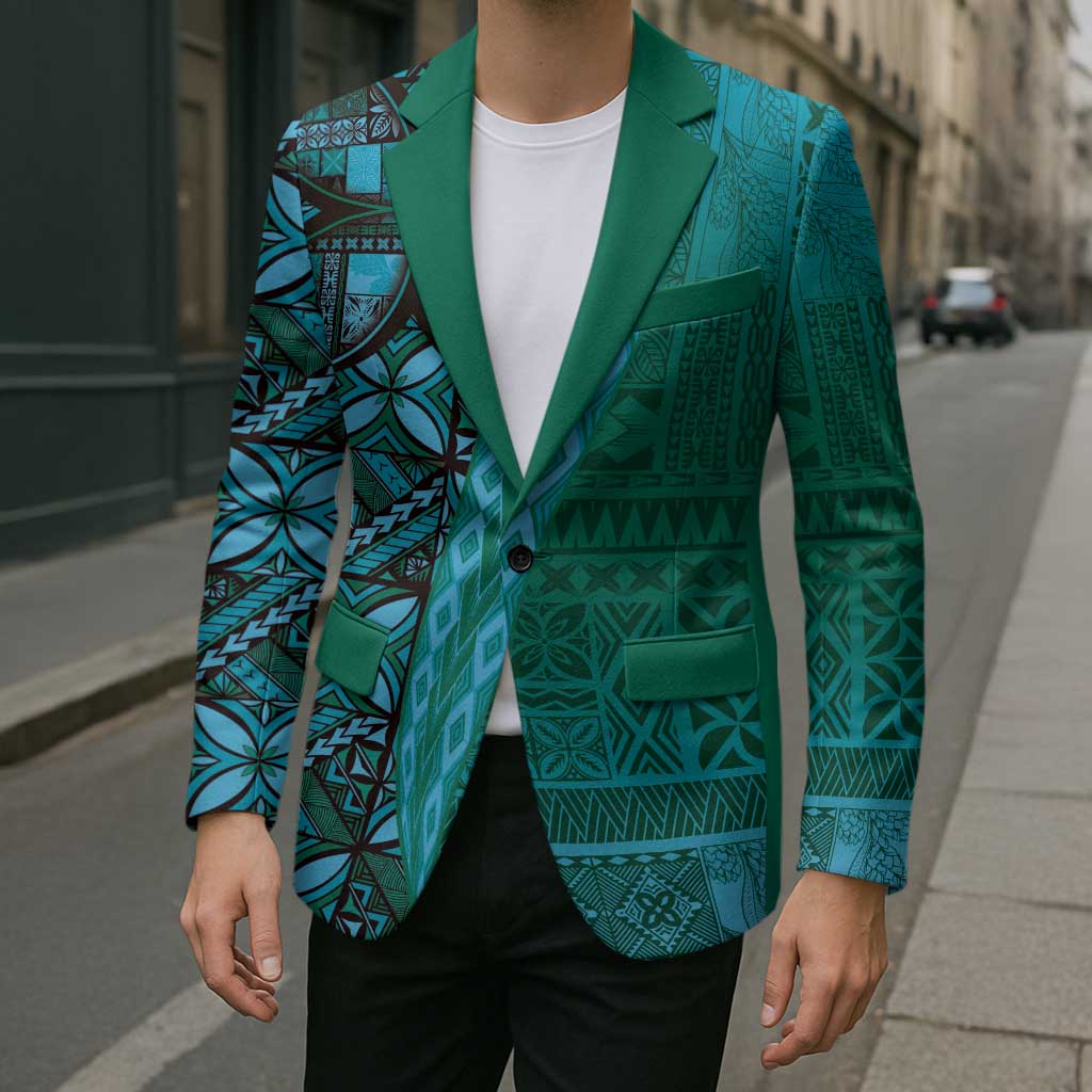 Samoan Pacific Tribal Flower Geometric Art Tattoos Blazer Siapo Pattern Turquoise Tide LT03 - Polynesian Pride