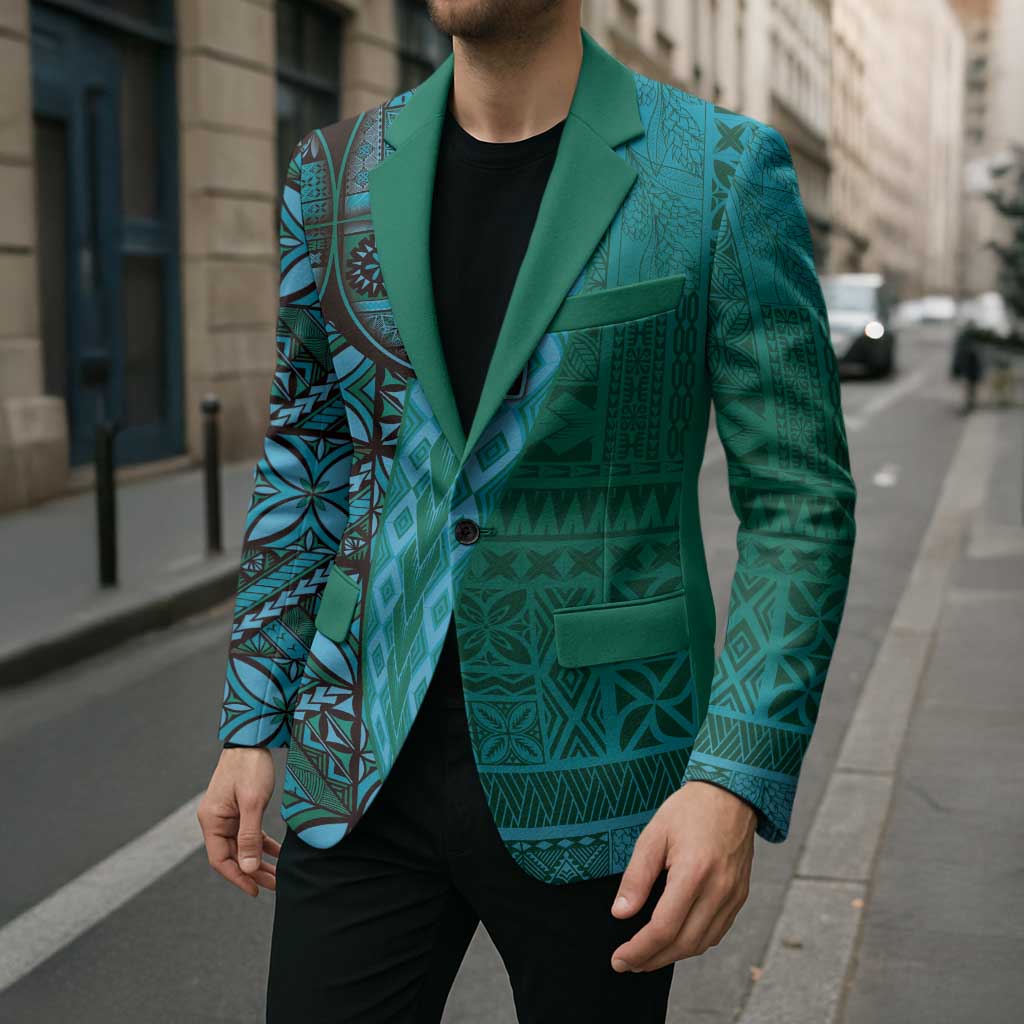 Samoan Pacific Tribal Flower Geometric Art Tattoos Blazer Siapo Pattern Turquoise Tide LT03 - Polynesian Pride