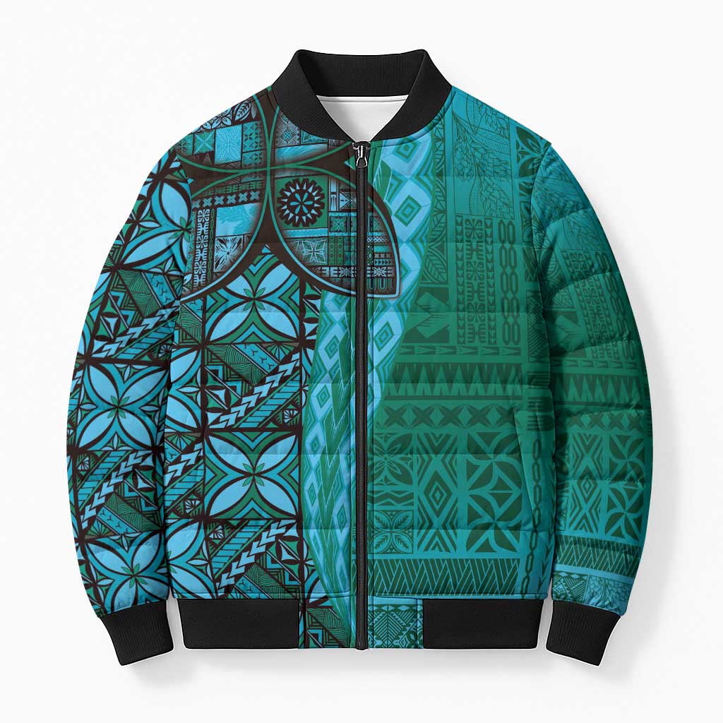 Samoan Pacific Tribal Flower Geometric Art Tattoos Bomber Puffer Jacket Siapo Pattern Turquoise Tide LT03 Turquoise - Polynesian Pride