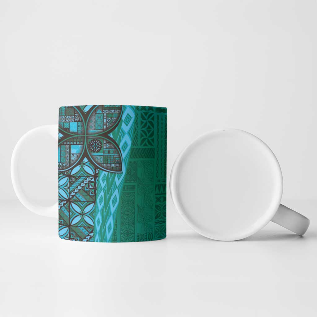 Samoan Pacific Tribal Flower Geometric Art Tattoos Ceramic Mug Siapo Pattern Turquoise Tide LT03 - Polynesian Pride