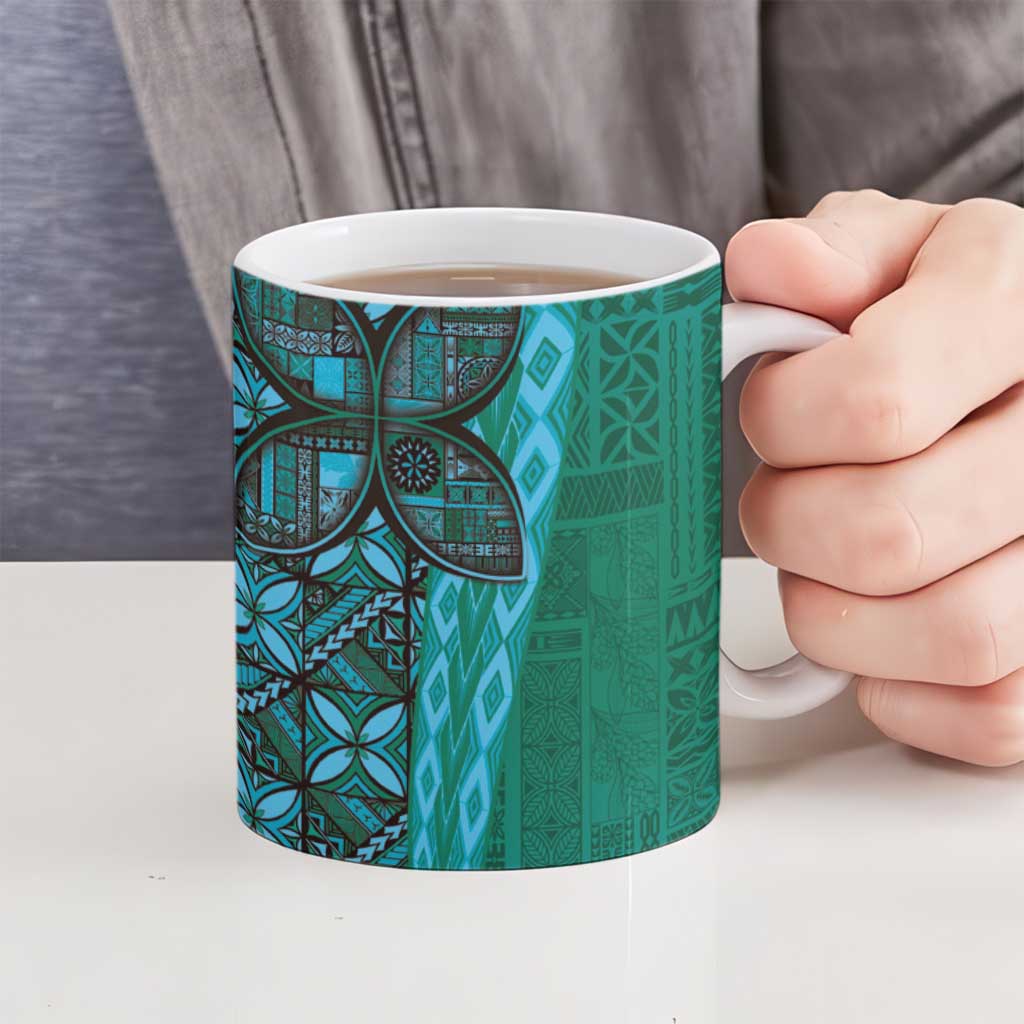 Samoan Pacific Tribal Flower Geometric Art Tattoos Ceramic Mug Siapo Pattern Turquoise Tide LT03 - Polynesian Pride