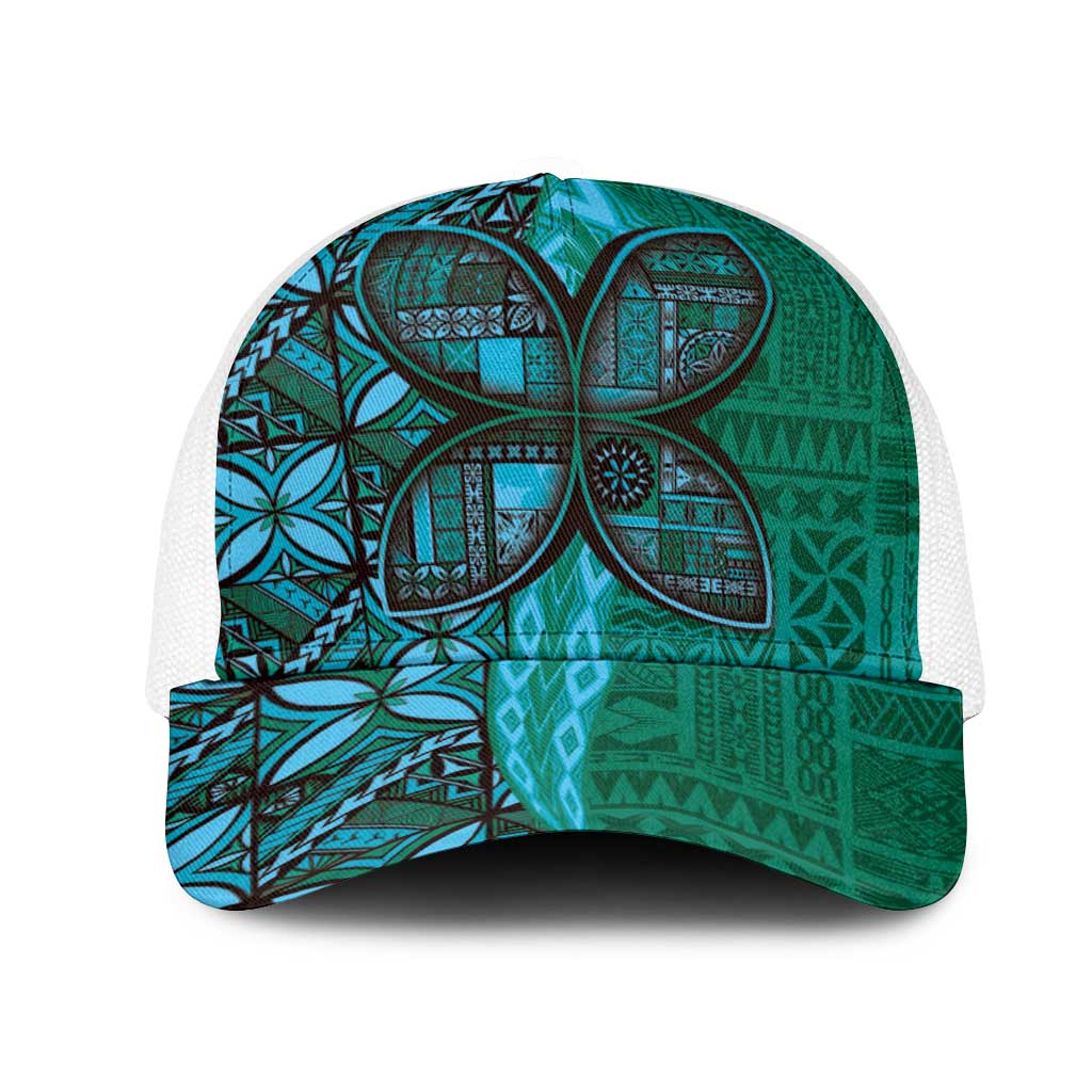 Samoan Pacific Tribal Flower Geometric Art Tattoos Mesh Trucker Cap Siapo Pattern Turquoise Tide LT03 One Size White Turquoise - Polynesian Pride