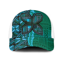Samoan Pacific Tribal Flower Geometric Art Tattoos Mesh Trucker Cap Siapo Pattern Turquoise Tide LT03 One Size White Turquoise - Polynesian Pride