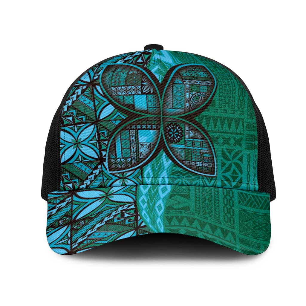 Samoan Pacific Tribal Flower Geometric Art Tattoos Mesh Trucker Cap Siapo Pattern Turquoise Tide LT03 One Size Black Turquoise - Polynesian Pride