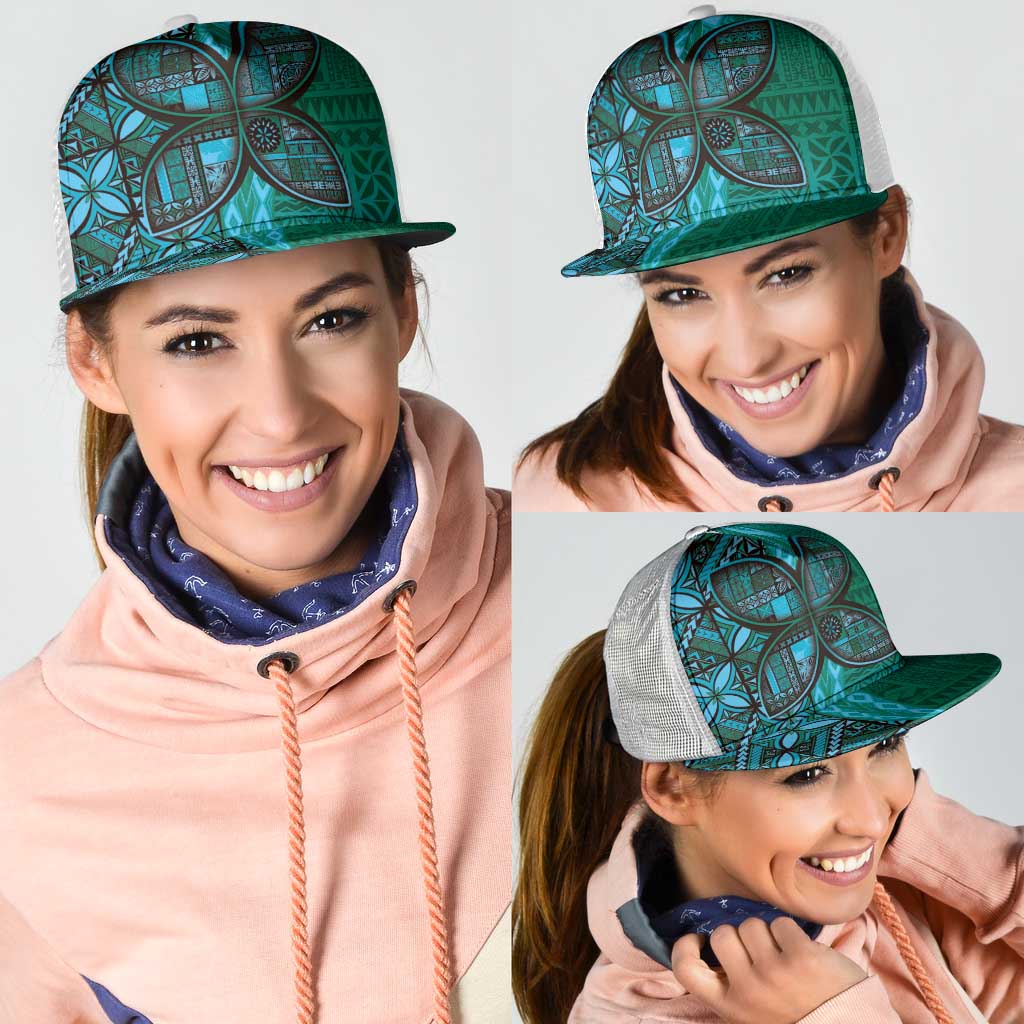 Samoan Pacific Tribal Flower Geometric Art Tattoos Mesh Trucker Cap Siapo Pattern Turquoise Tide LT03 - Polynesian Pride