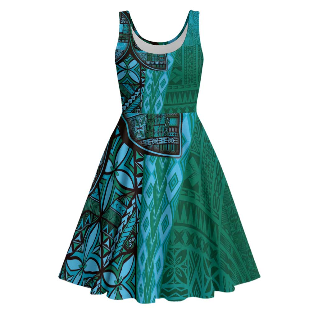 Samoan Pacific Tribal Flower Geometric Art Tattoos Midi Dress Siapo Pattern Turquoise Tide LT03 Turquoise - Polynesian Pride