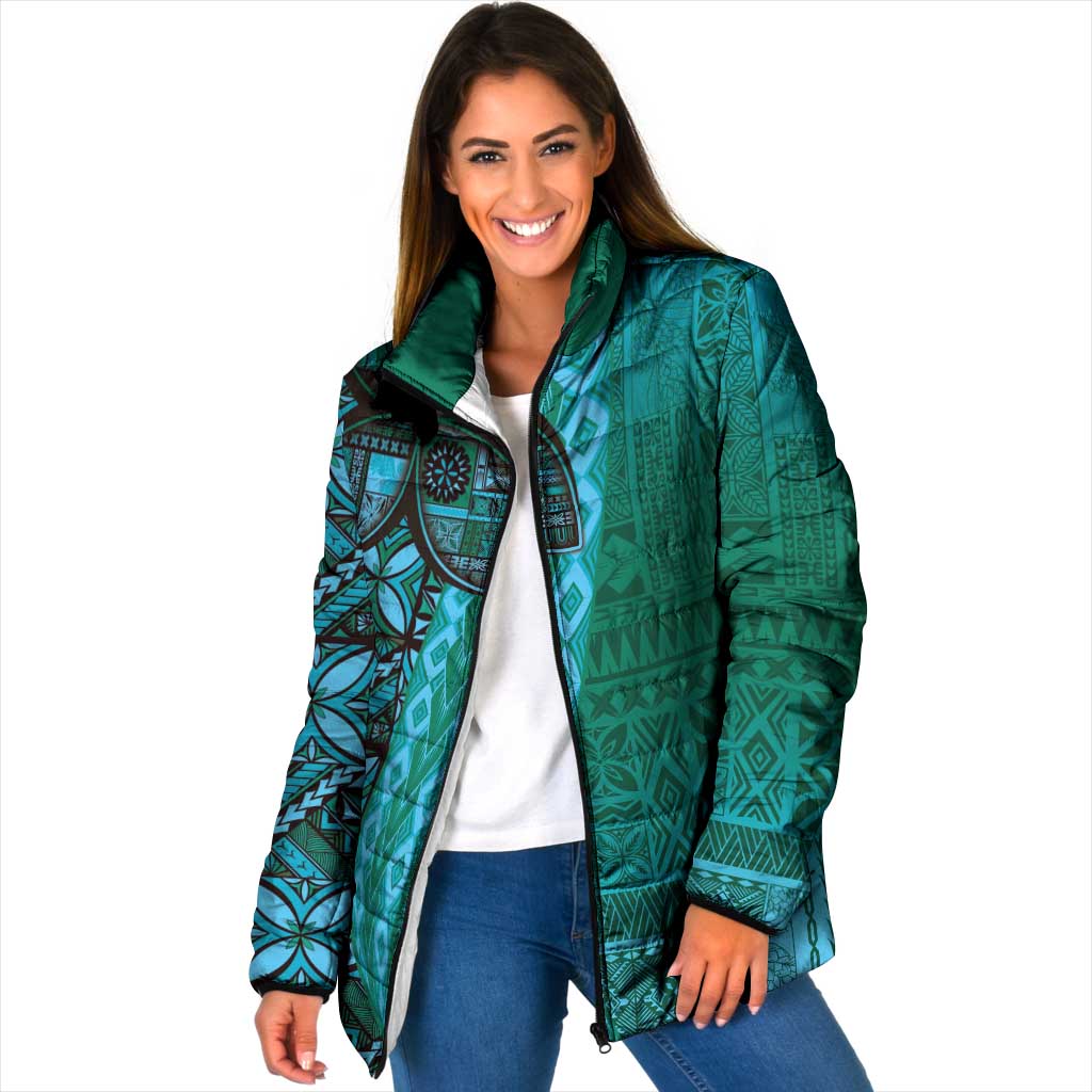 Samoan Pacific Tribal Flower Geometric Art Tattoos Padded Jacket Siapo Pattern Turquoise Tide LT03 - Polynesian Pride