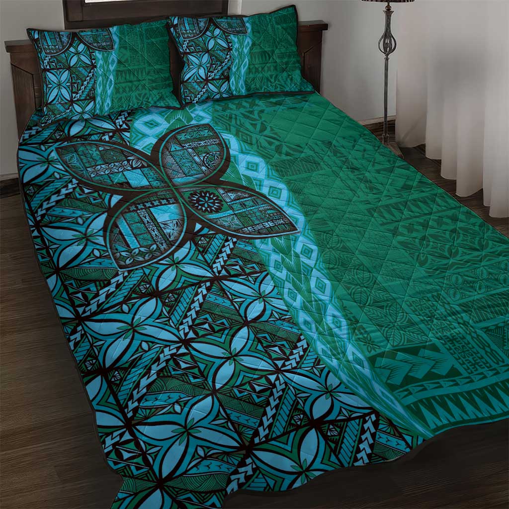 Samoan Pacific Tribal Flower Geometric Art Tattoos Quilt Bed Set Siapo Pattern Turquoise Tide LT03 Turquoise - Polynesian Pride