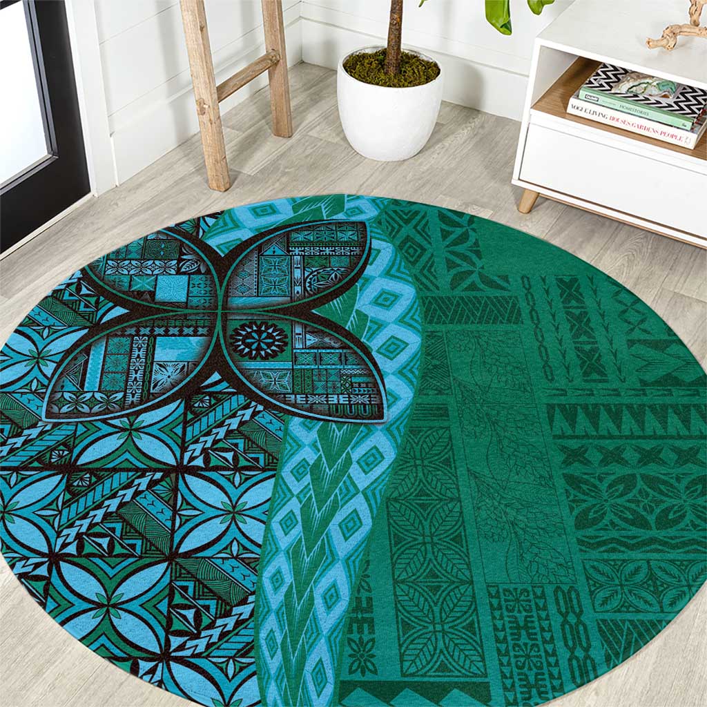 Samoan Pacific Tribal Flower Geometric Art Tattoos Round Carpet Siapo Pattern Turquoise Tide LT03 Turquoise - Polynesian Pride