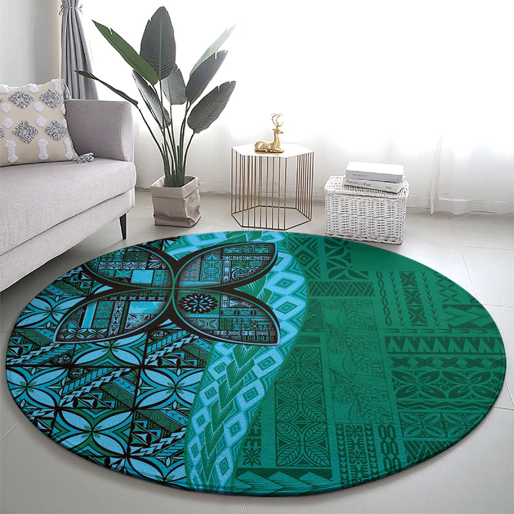 Samoan Pacific Tribal Flower Geometric Art Tattoos Round Carpet Siapo Pattern Turquoise Tide LT03 - Polynesian Pride