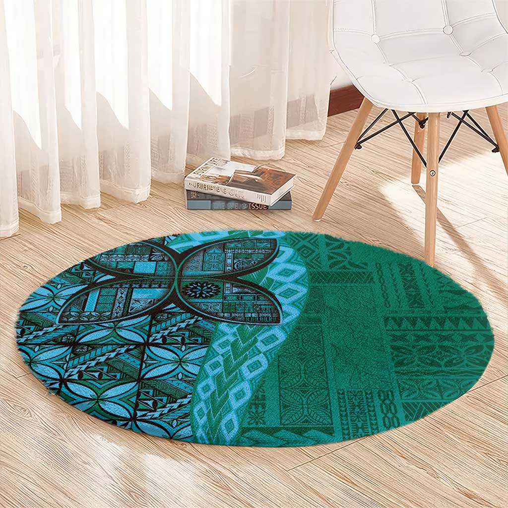 Samoan Pacific Tribal Flower Geometric Art Tattoos Round Carpet Siapo Pattern Turquoise Tide LT03 - Polynesian Pride