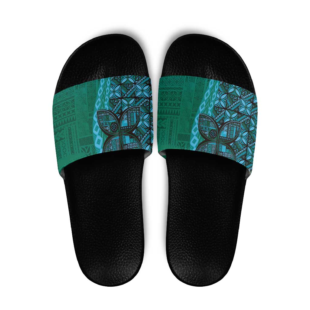 Samoan Pacific Tribal Flower Geometric Art Tattoos Slide Sandals Siapo Pattern Turquoise Tide LT03 Turquoise - Polynesian Pride