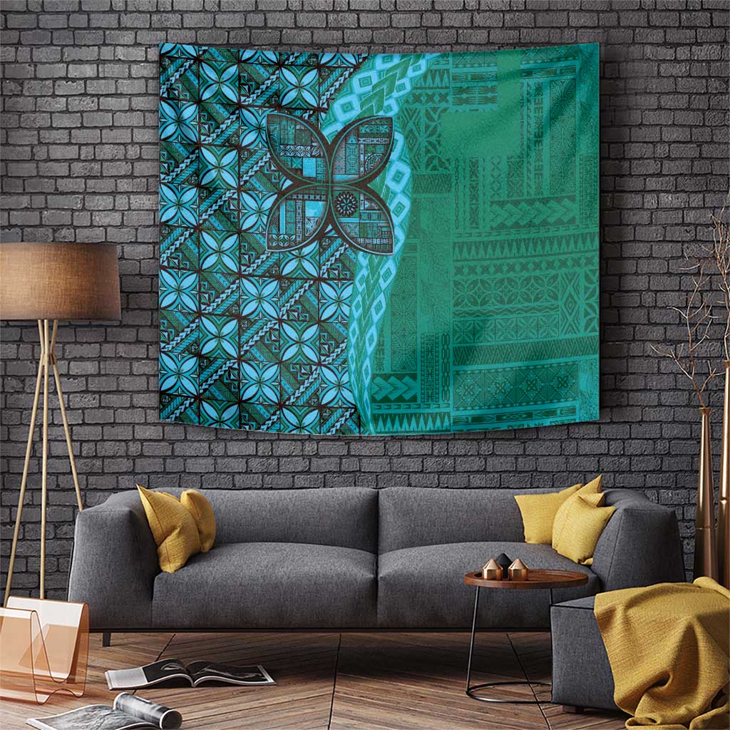 Samoan Pacific Tribal Flower Geometric Art Tattoos Tapestry Siapo Pattern Turquoise Tide LT03 Turquoise - Polynesian Pride