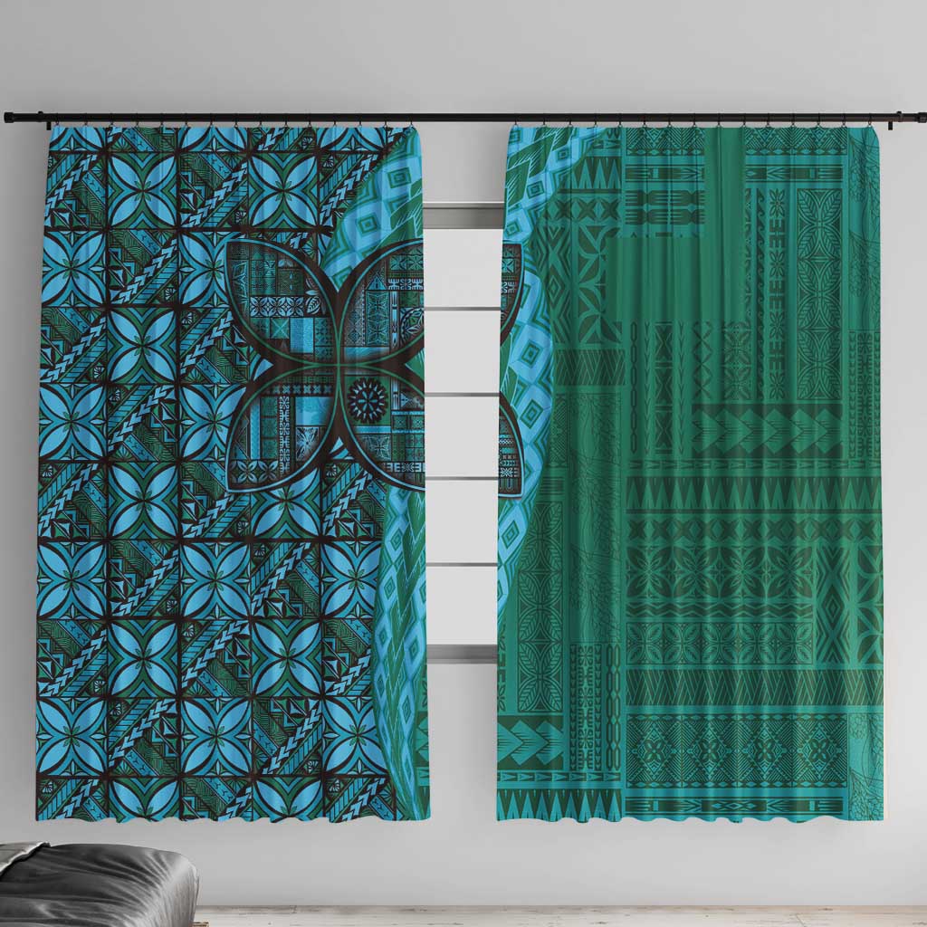 Samoan Pacific Tribal Flower Geometric Art Tattoos Window Curtain Siapo Pattern Turquoise Tide LT03 With Hooks Turquoise - Polynesian Pride