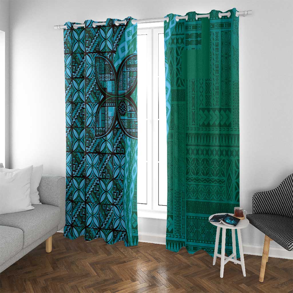 Samoan Pacific Tribal Flower Geometric Art Tattoos Window Curtain Siapo Pattern Turquoise Tide LT03 With Grommets Turquoise - Polynesian Pride