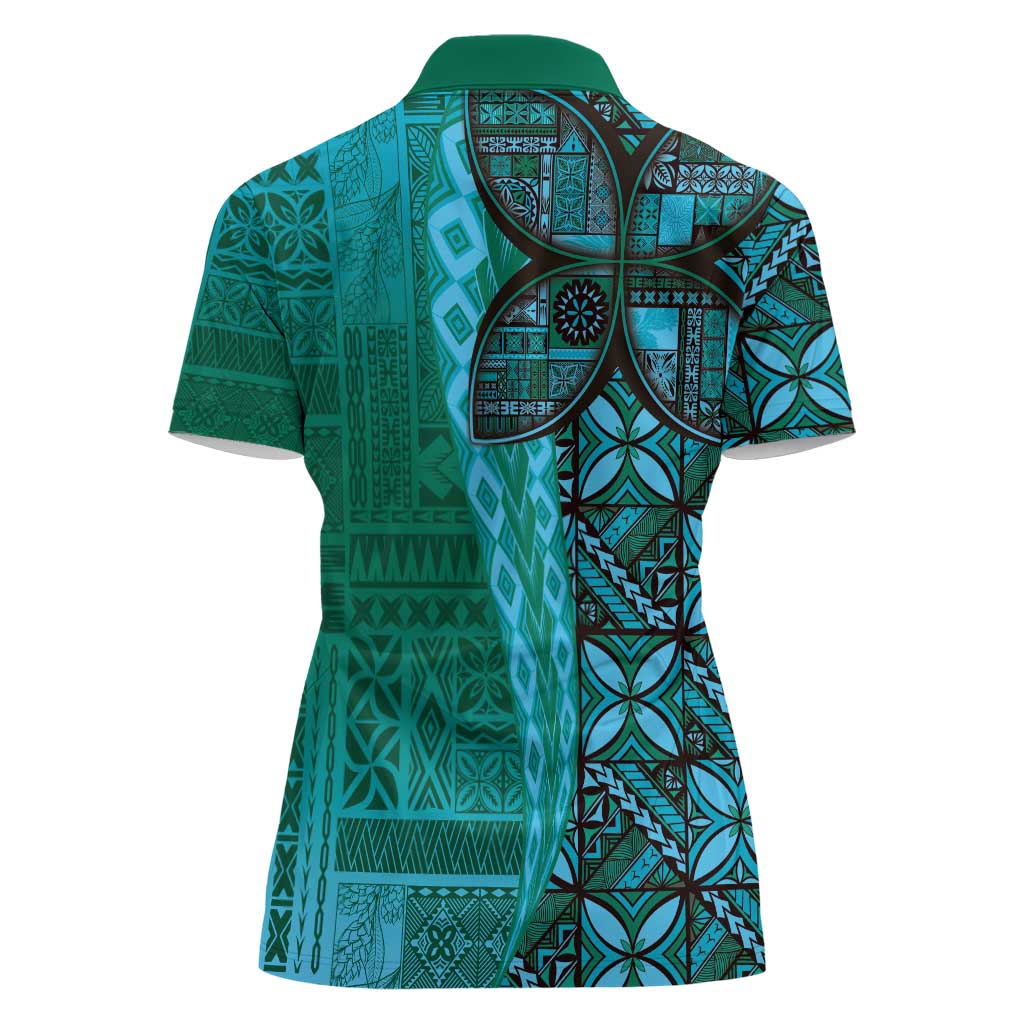 Samoan Pacific Tribal Flower Geometric Art Tattoos Women Polo Shirt Siapo Pattern Turquoise Tide LT03 - Polynesian Pride