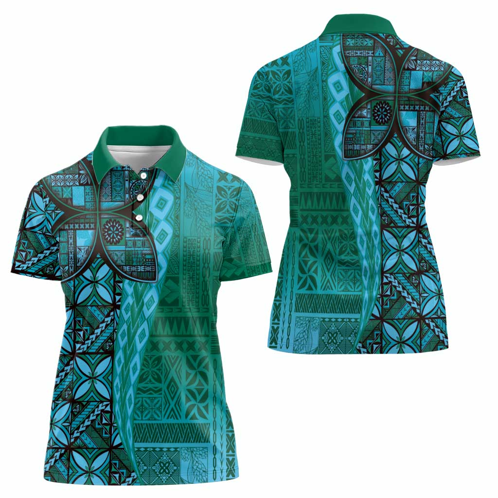 Samoan Pacific Tribal Flower Geometric Art Tattoos Women Polo Shirt Siapo Pattern Turquoise Tide LT03 - Polynesian Pride