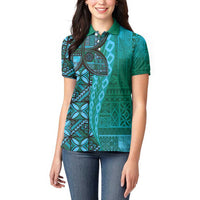Samoan Pacific Tribal Flower Geometric Art Tattoos Women Polo Shirt Siapo Pattern Turquoise Tide LT03 - Polynesian Pride