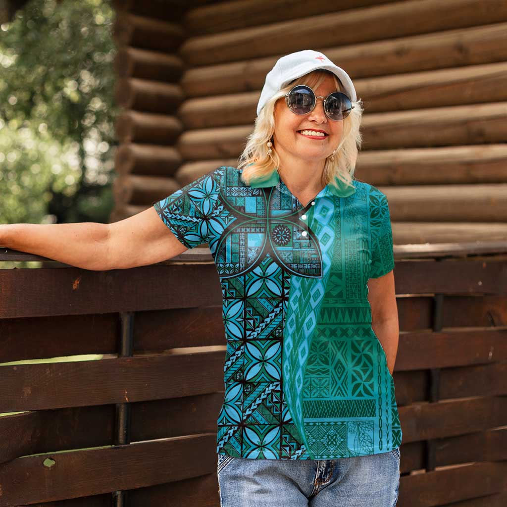 Samoan Pacific Tribal Flower Geometric Art Tattoos Women Polo Shirt Siapo Pattern Turquoise Tide LT03 - Polynesian Pride