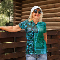 Samoan Pacific Tribal Flower Geometric Art Tattoos Women Polo Shirt Siapo Pattern Turquoise Tide LT03 - Polynesian Pride