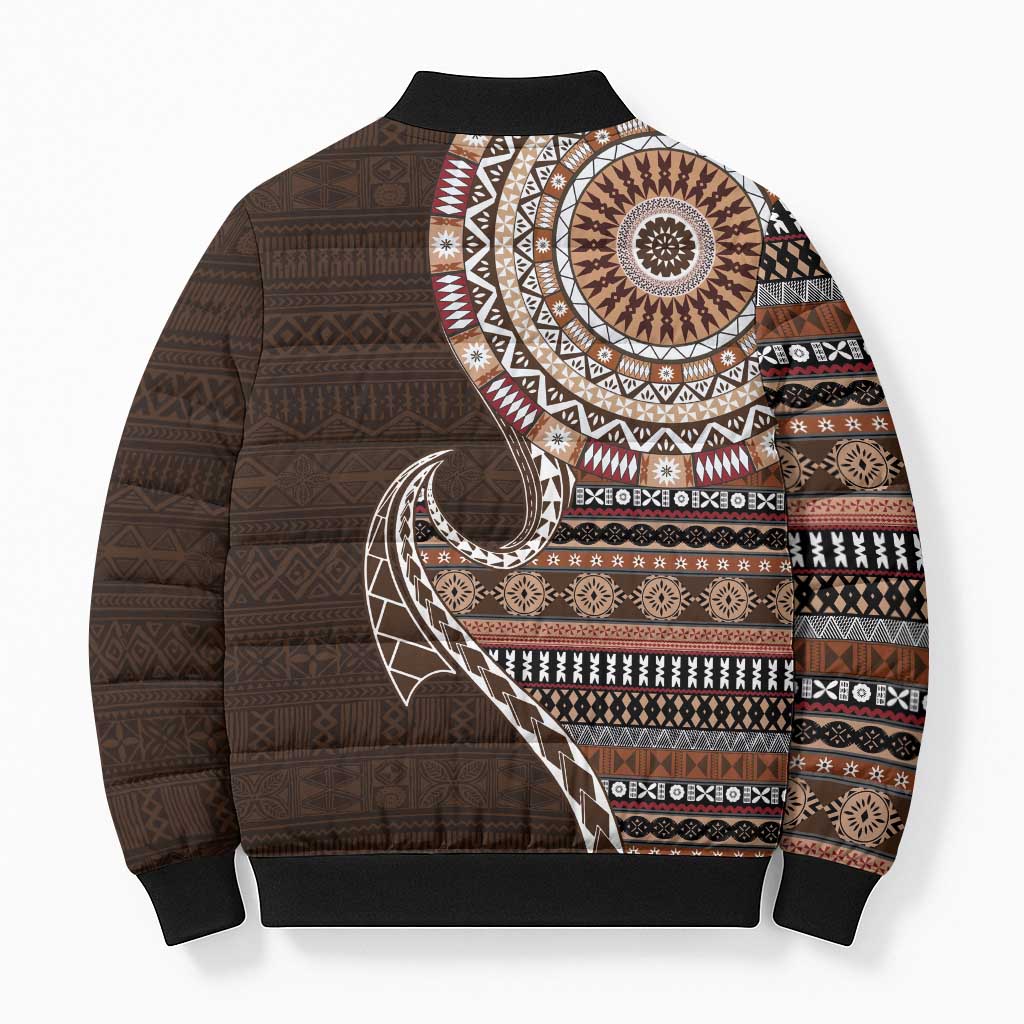 Fijian Masi Tribal Tattoos Art Pattern Bomber Puffer Jacket Brown Color Half Style LT03 - Polynesian Pride