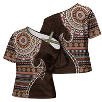Fijian Masi Tribal Tattoos Art Pattern Cross Shoulder Shirt Brown Color Half Style LT03 - Polynesian Pride