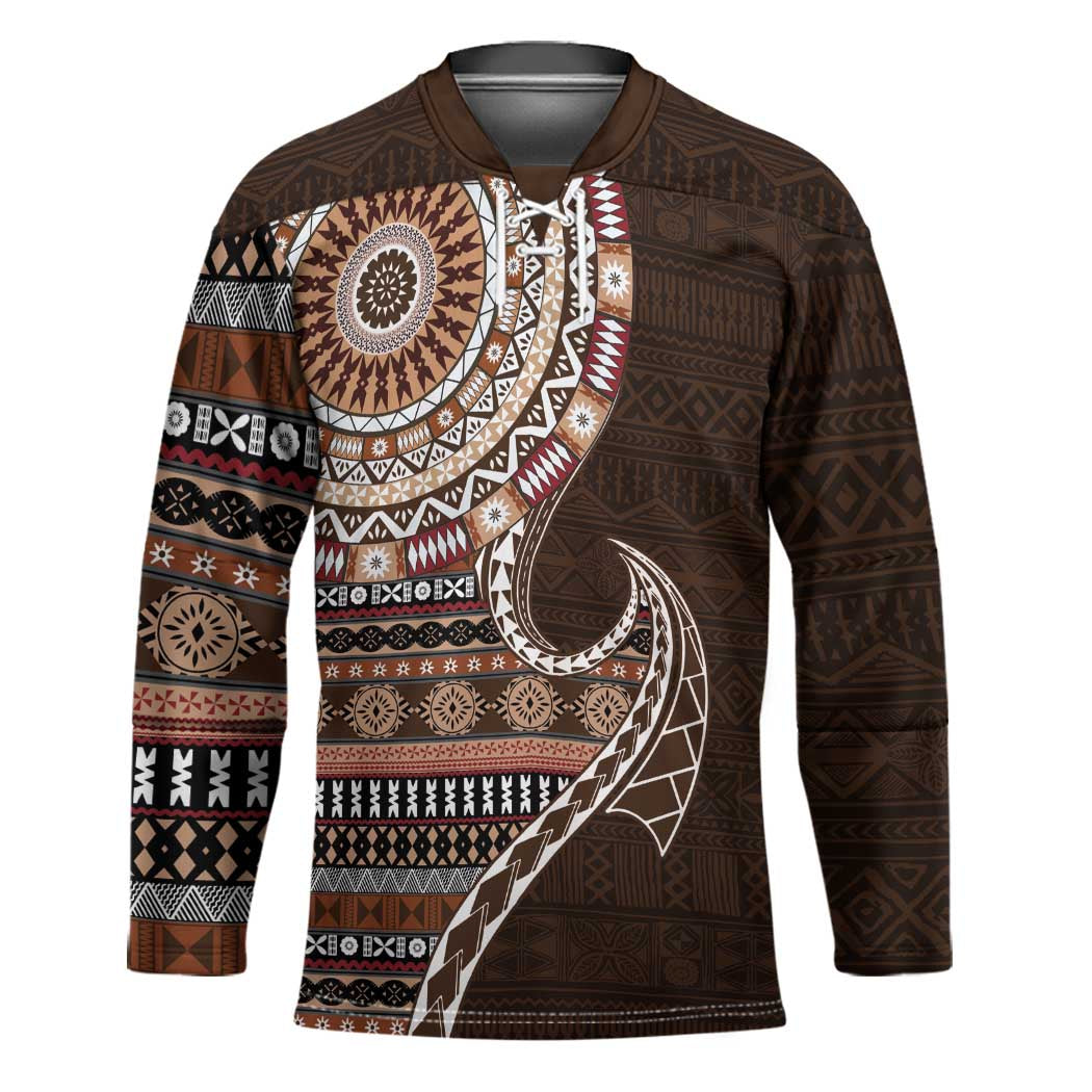 Fijian Masi Tribal Tattoos Art Pattern Hockey Jersey Brown Color Half Style LT03 Unisex Brown - Polynesian Pride