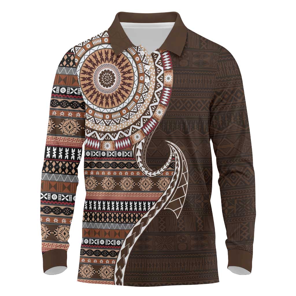 Fijian Masi Tribal Tattoos Art Pattern Long Sleeve Polo Shirt Brown Color Half Style LT03 Brown - Polynesian Pride