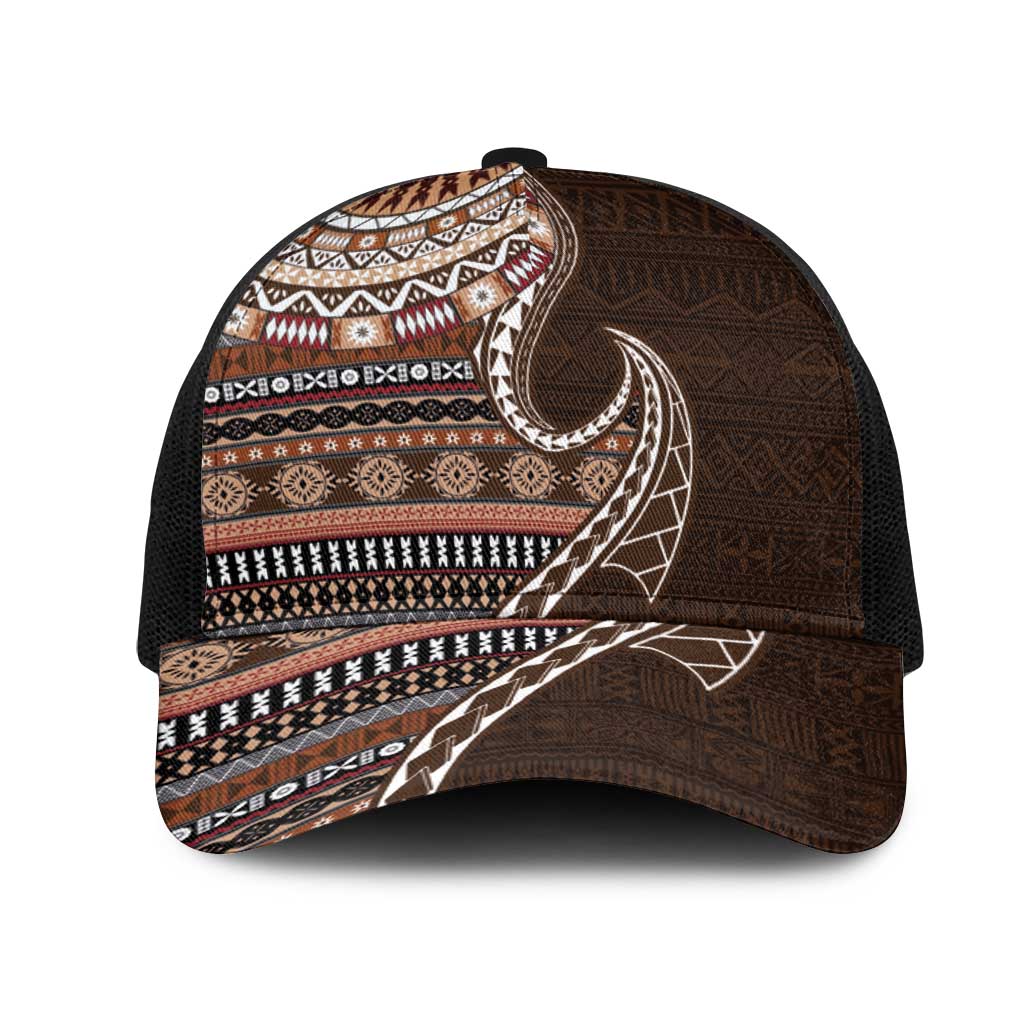 Fijian Masi Tribal Tattoos Art Pattern Mesh Trucker Cap Brown Color Half Style LT03 One Size Black Brown - Polynesian Pride