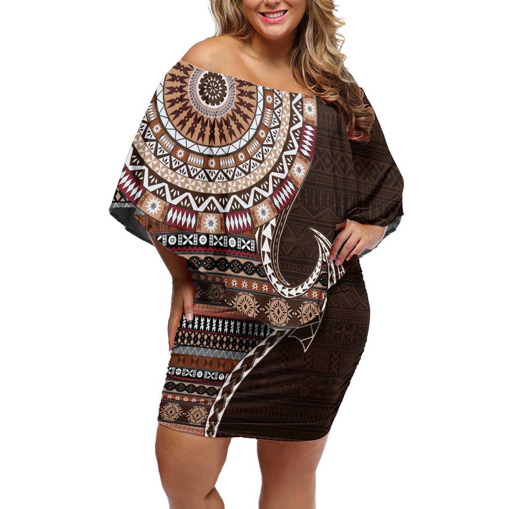 Fijian Masi Tribal Tattoos Art Pattern Off Shoulder Short Dress Brown Color Half Style LT03 Women Brown - Polynesian Pride