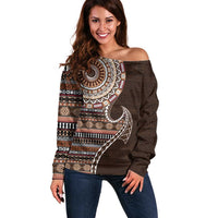 Fijian Masi Tribal Tattoos Art Pattern Off Shoulder Sweater Brown Color Half Style LT03 Women Brown - Polynesian Pride