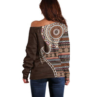 Fijian Masi Tribal Tattoos Art Pattern Off Shoulder Sweater Brown Color Half Style LT03 - Polynesian Pride