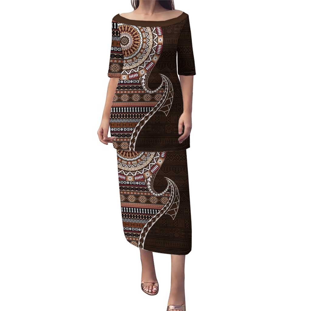 Fijian Masi Tribal Tattoos Art Pattern Puletasi Brown Color Half Style LT03 Long Dress Brown - Polynesian Pride