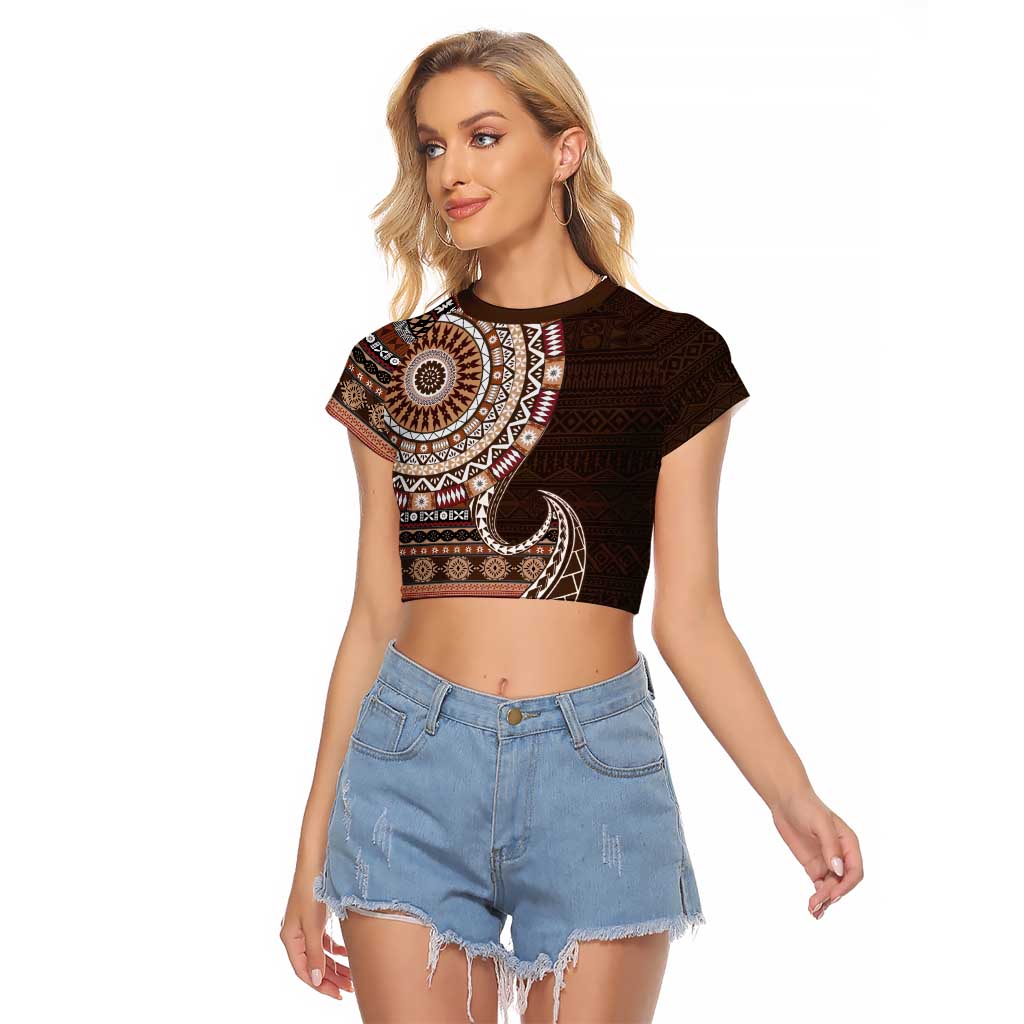 Fijian Masi Tribal Tattoos Art Pattern Raglan Cropped T Shirt Brown Color Half Style LT03 Female Brown - Polynesian Pride
