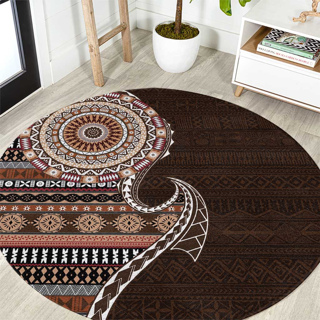 Fijian Masi Tribal Tattoos Art Pattern Round Carpet Brown Color Half Style LT03 Brown - Polynesian Pride