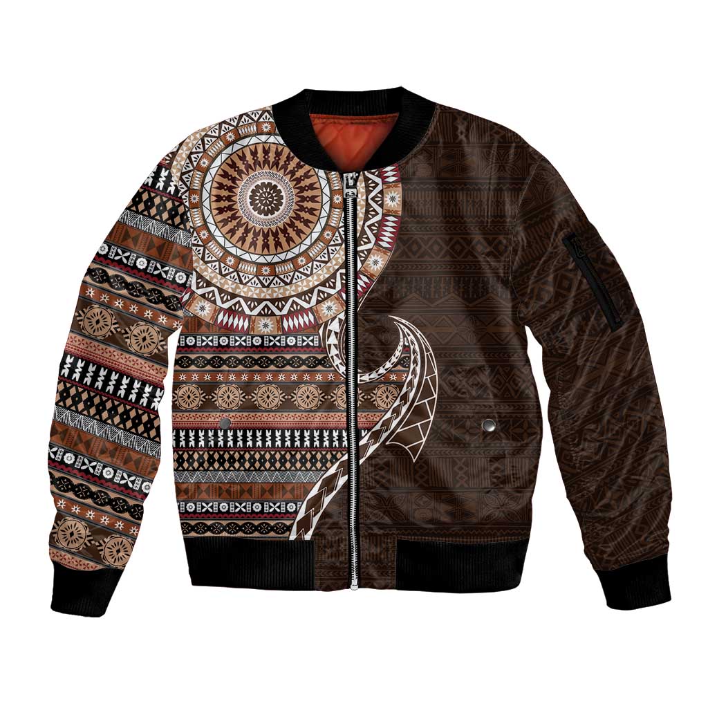 Fijian Masi Tribal Tattoos Art Pattern Sleeve Zip Bomber Jacket Brown Color Half Style LT03 Unisex Brown - Polynesian Pride