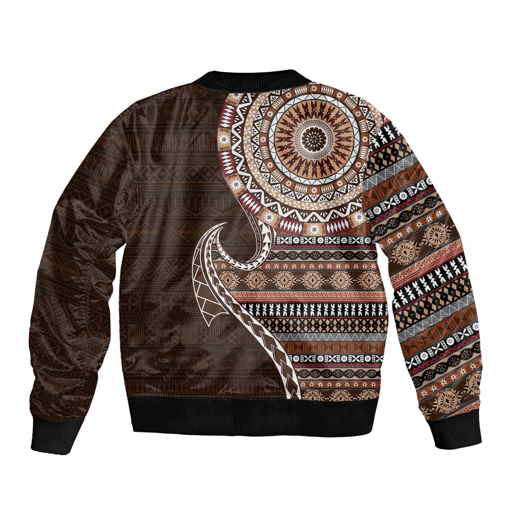 Fijian Masi Tribal Tattoos Art Pattern Sleeve Zip Bomber Jacket Brown Color Half Style LT03 - Polynesian Pride