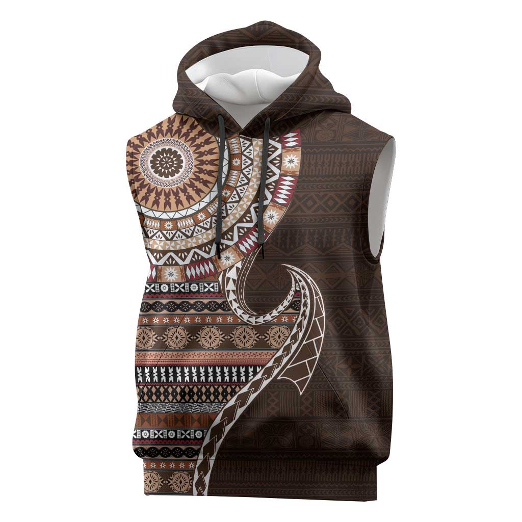 Fijian Masi Tribal Tattoos Art Pattern Sleeveless Hoodie Brown Color Half Style LT03 Brown - Polynesian Pride