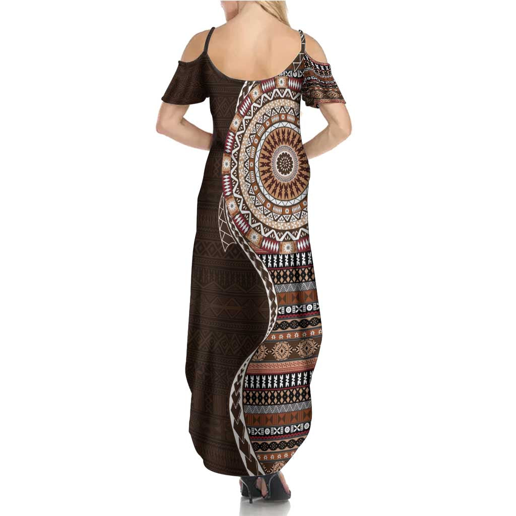 Fijian Masi Tribal Tattoos Art Pattern Summer Maxi Dress Brown Color Half Style LT03 - Polynesian Pride