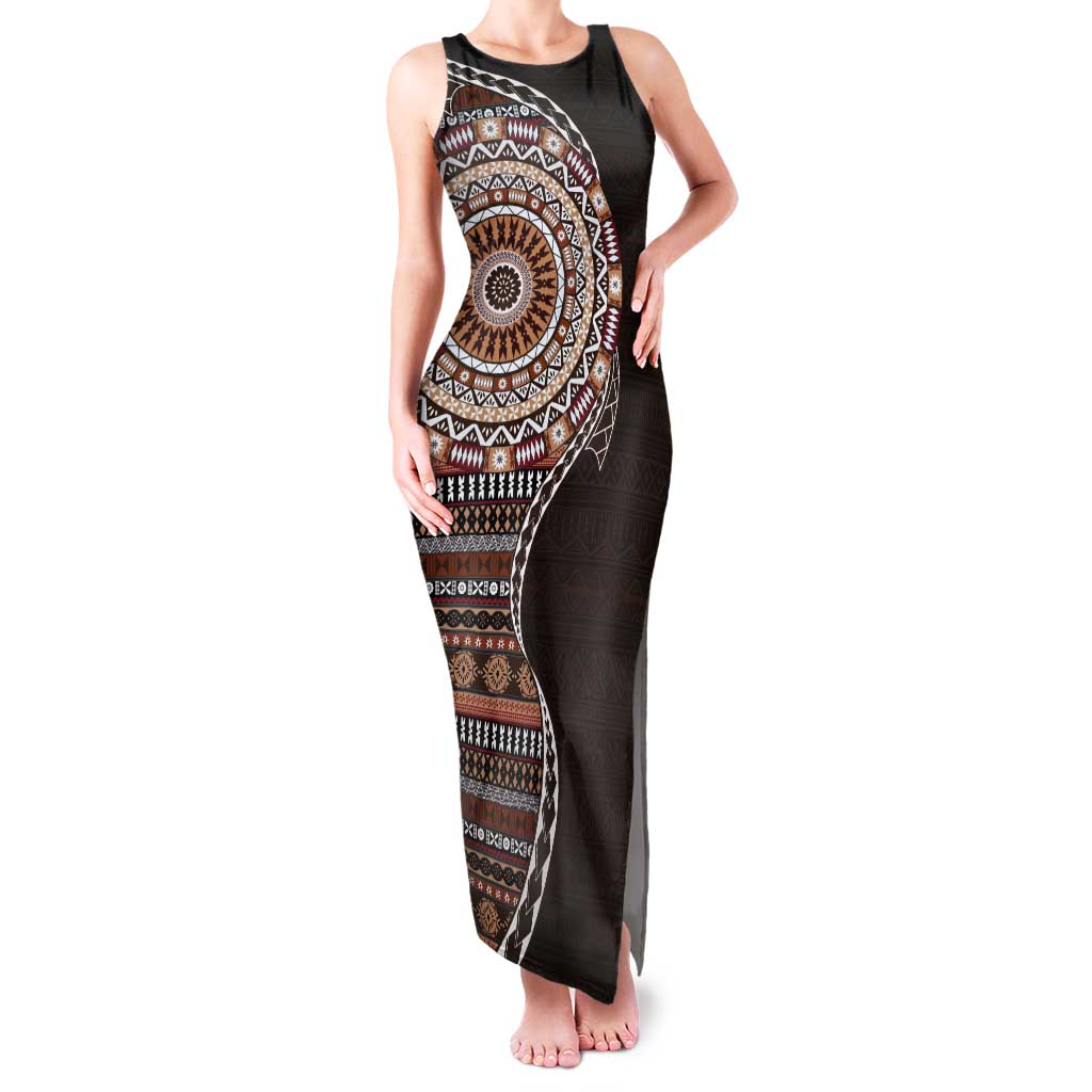 Fijian Masi Tribal Tattoos Art Pattern Tank Maxi Dress Brown Color Half Style LT03 Women Brown - Polynesian Pride